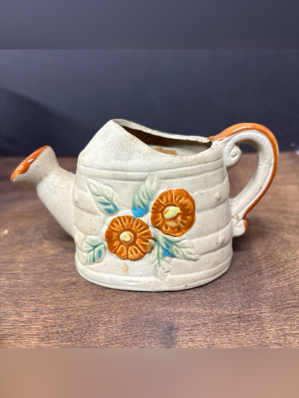 Hand-Painted Floral Ceramic Watering Can Planter - Orange Flowers